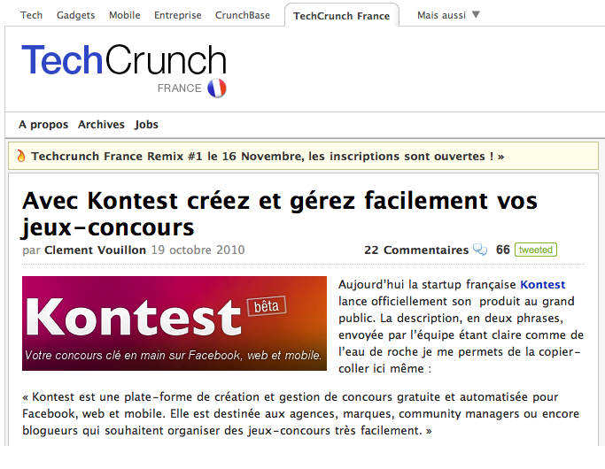 Extrait de l'article "Avec Kontest créez et gérez facilement vos jeux-concours" sur TechCrunch - 19/10/2010